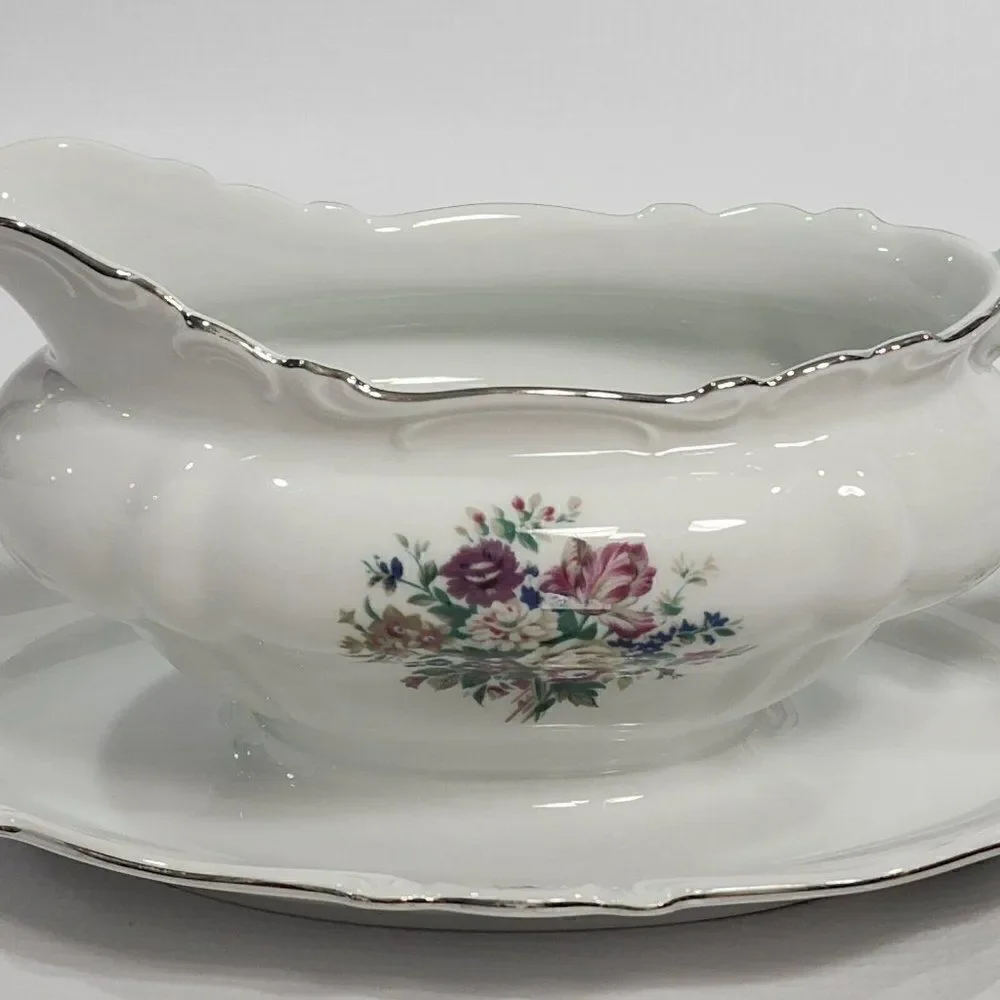 Crown‎ Bavaria Gravy Boat w Attached Underplate Germany Silver Trim Bouquet